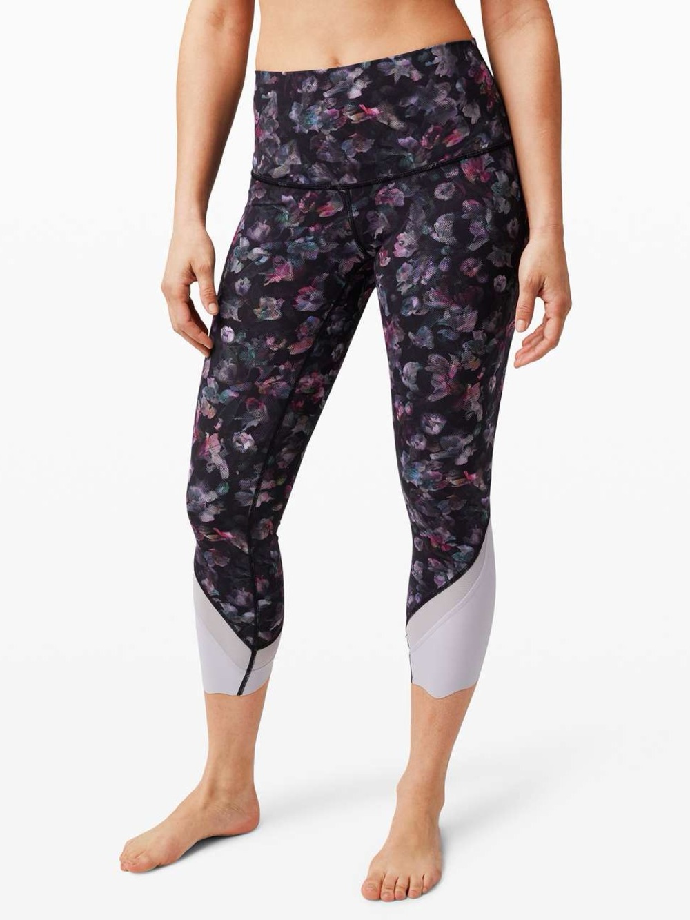 Lululemon Wunder Under Crop High-Rise leggings black purple floral 23" size 6